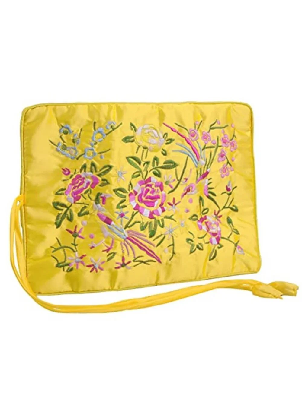 Embroidered Floral Bird Brocade Travel Jewelry Roll Bag Organizer Zipper Pouch